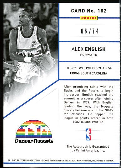 Alex English PS AU Card 2012-13 Panini Preferred #102  Image 2