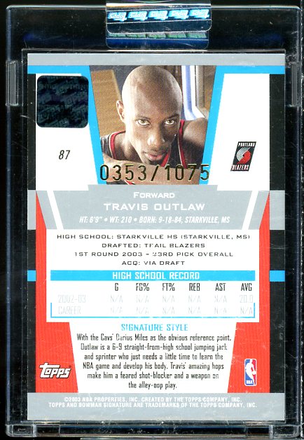 Travis Outlaw/1075 JSY AU Rookie Card 2003-04 Bowman Signature Edition #87  Image 2