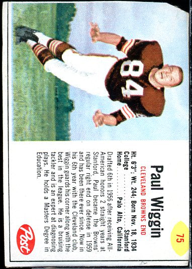 Paul Wiggin SP Card 1962 Post Cereal #75  Image 1