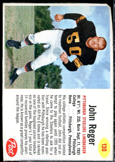 John Reger Card 1962 Post Cereal #130  Image 1