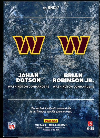 Brian Robinson JR./ Jahan Dotson 2022 Donruss Rookie Holiday Sweaters #RHD-7  Image 2