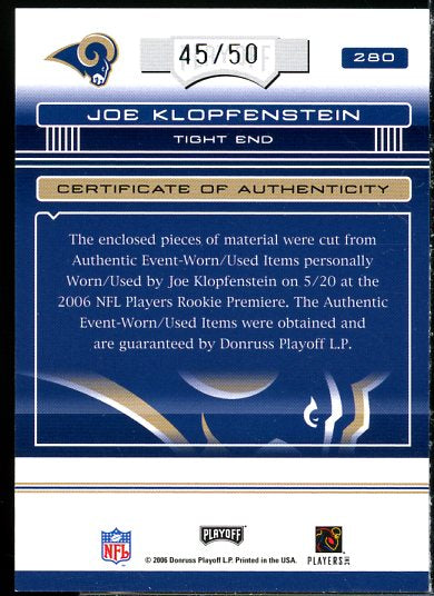 Joe Klopfenstein Card 2006 Absolute Memorabilia Rookie Premiere Materials #280  Image 2