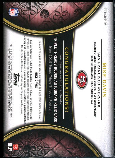 Mike Davis Rookie 2015 Topps Triple Threads Rookie Autograph Relics #TTRARMDA  Image 2