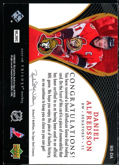 Daniel Alfredsson Card 2007-08 Upper Deck Trilogy Honorary Swatches #HSDA  Image 2