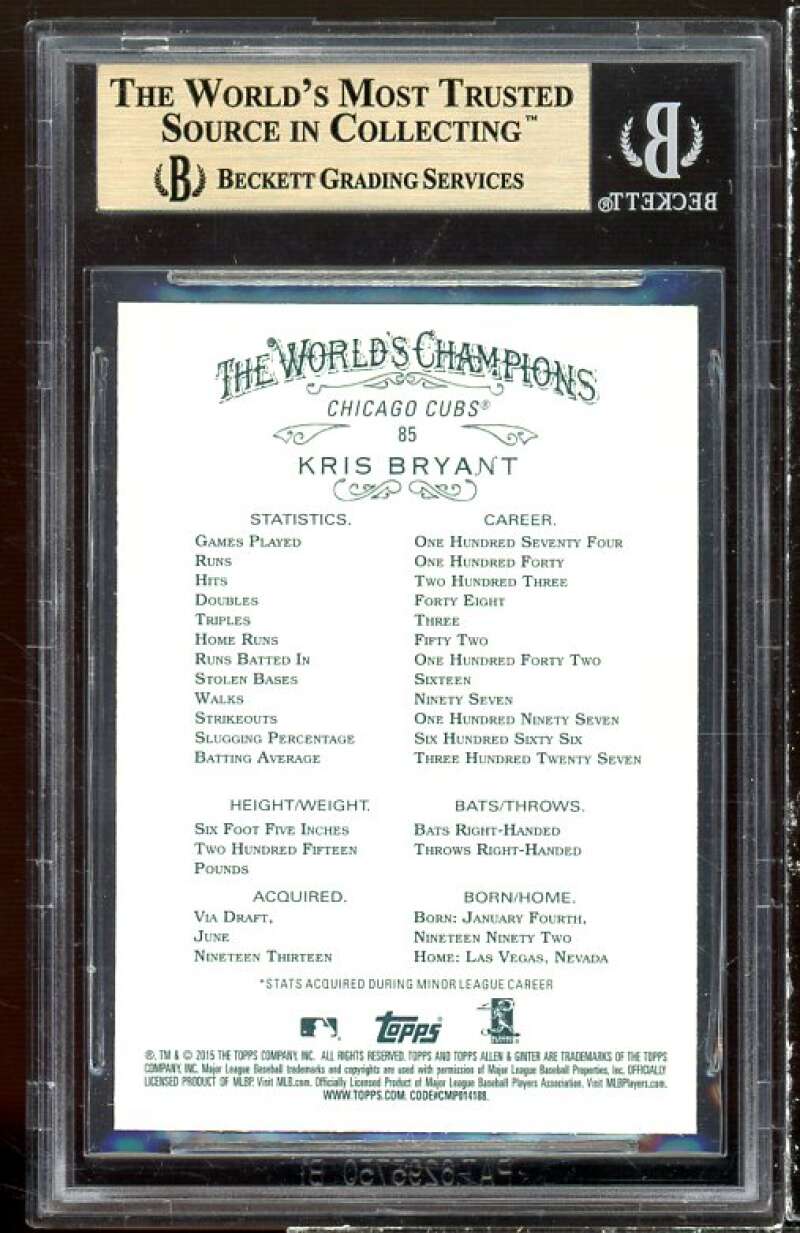 Kris Bryant Rookie Card 2015 Topps Allen Ginter #85 BGS 9.5 (9.5 9.5 9 9.5) Image 2