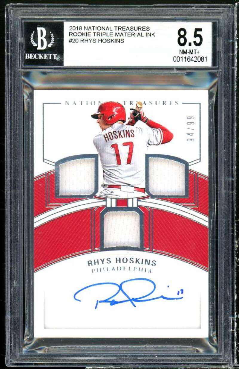 Rhys Hoskins RC 2018 National Treasures Rookie Triple Material Ink #20 BGS 8.5 Image 1