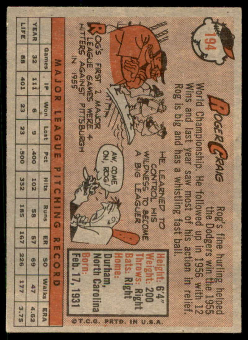 Roger Craig Card 1958 Topps #194  Image 2