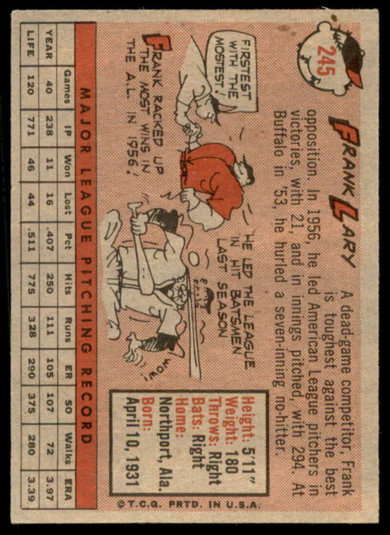 Frank Lary Card 1958 Topps #245  Image 2