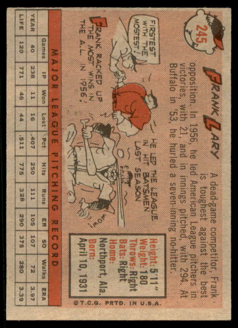 Frank Lary Card 1958 Topps #245  Image 2
