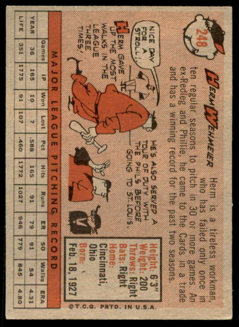 Herman Wehmeier Card 1958 Topps #248  Image 2