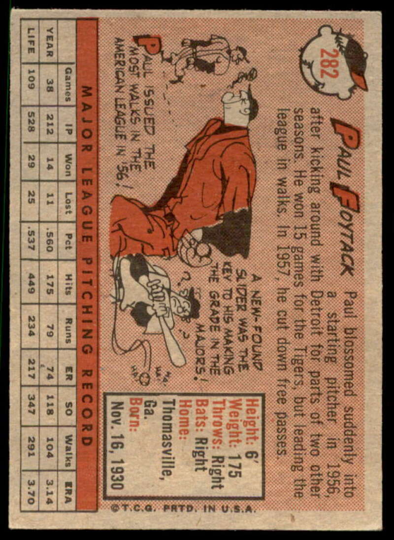 Paul Foytack Card 1958 Topps #282  Image 2