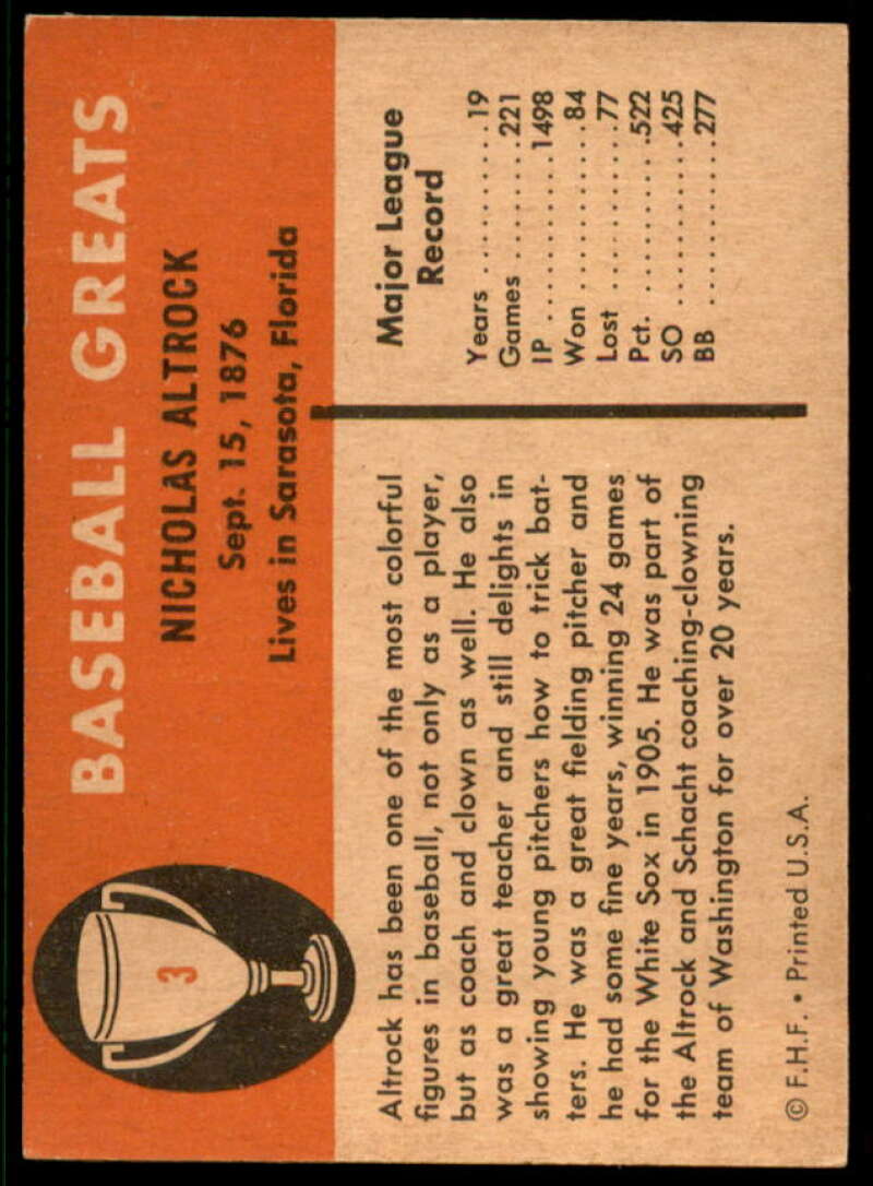 Nick Altrock Card 1961 Fleer #3  Image 2