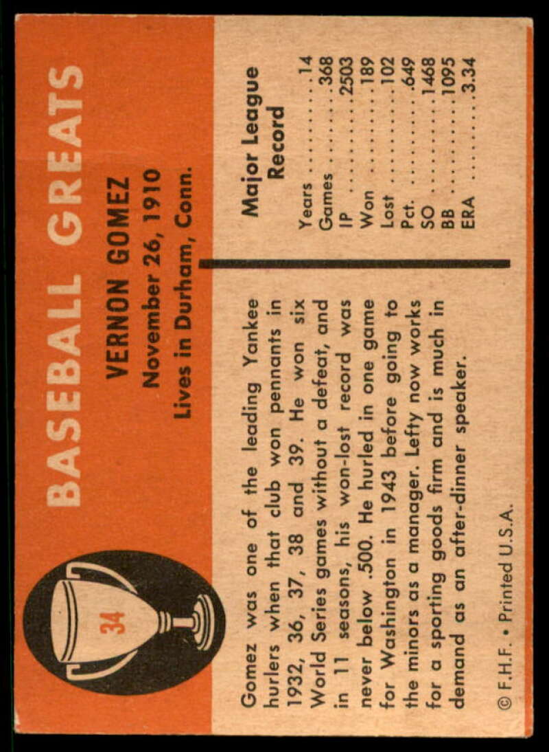 Lefty Gomez Card 1961 Fleer #34  Image 2