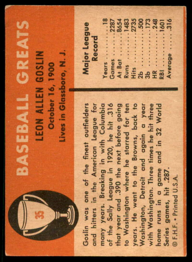Goose Goslin Card 1961 Fleer #35  Image 2