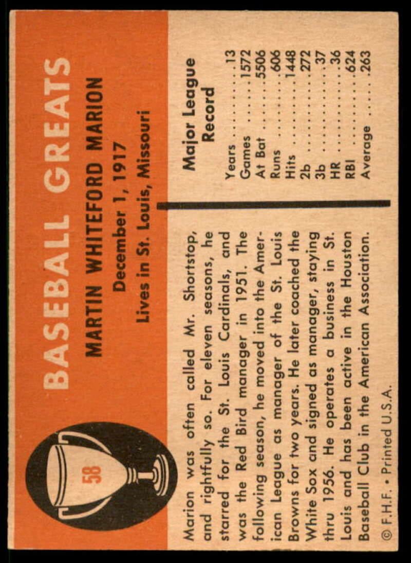 Marty Marion Card 1961 Fleer #58  Image 2
