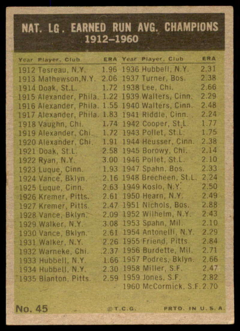 NL ERA Leaders/Mike McCormick/ Broglio/Drysdale/Friend/Williams 1961 Topps #45  Image 2