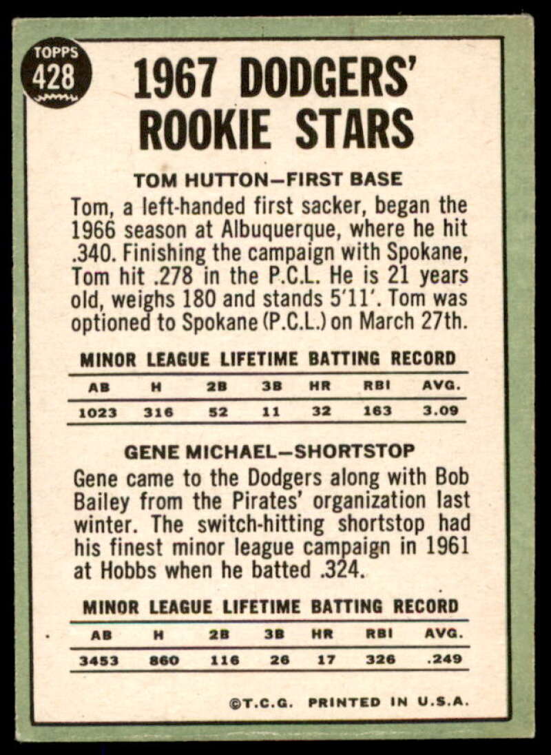 Rookie Stars/Tom Hutton RC/Gene Michael Rookie Card 1967 Topps #428  Image 2