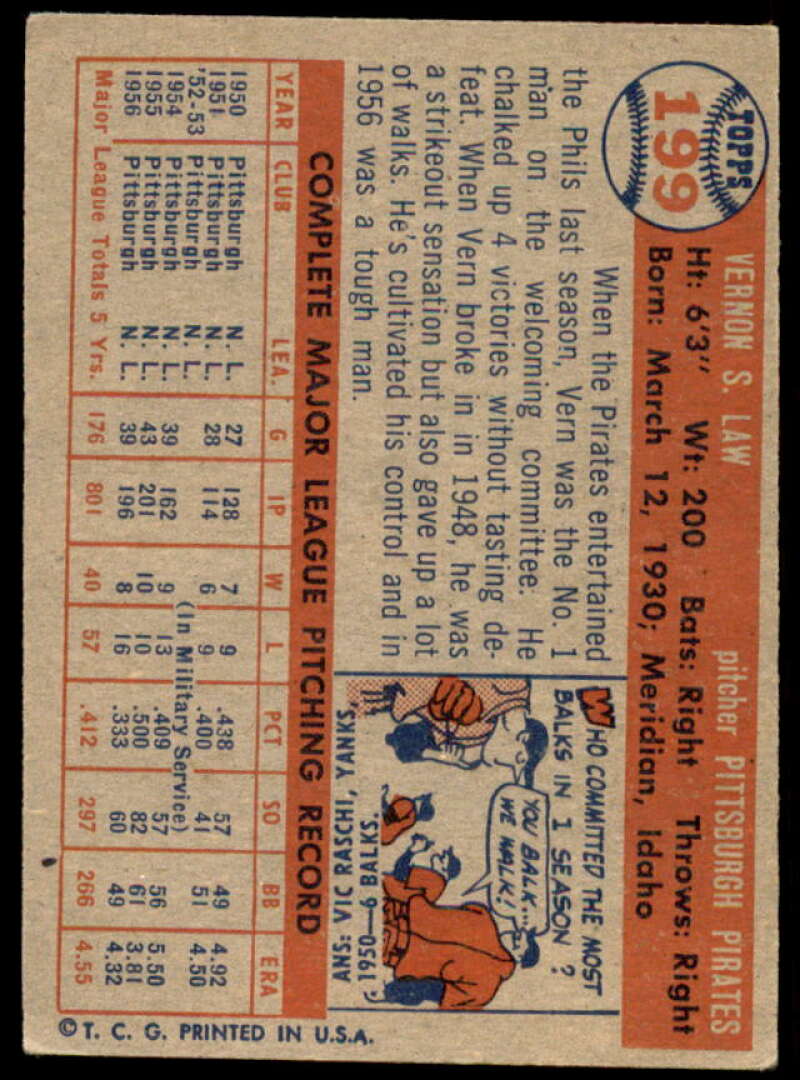 Vern Law Card 1957 Topps #199  Image 2