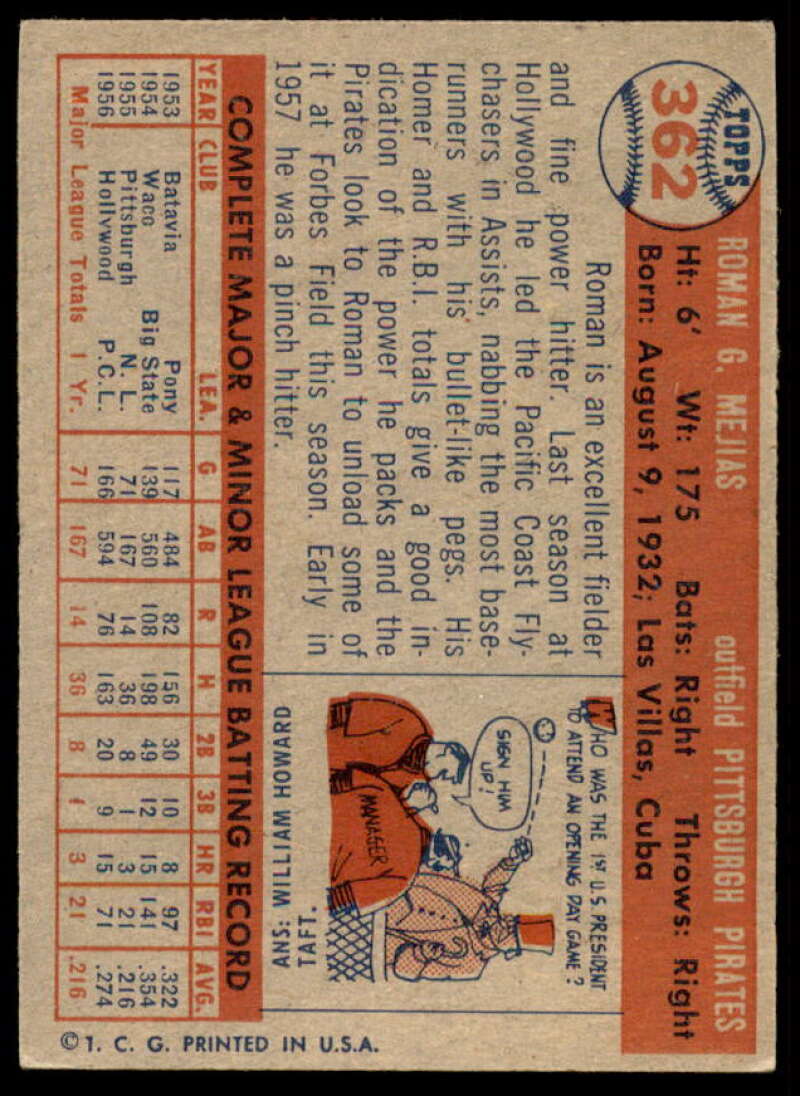 Roman Mejias Rookie Card 1957 Topps #362  Image 2
