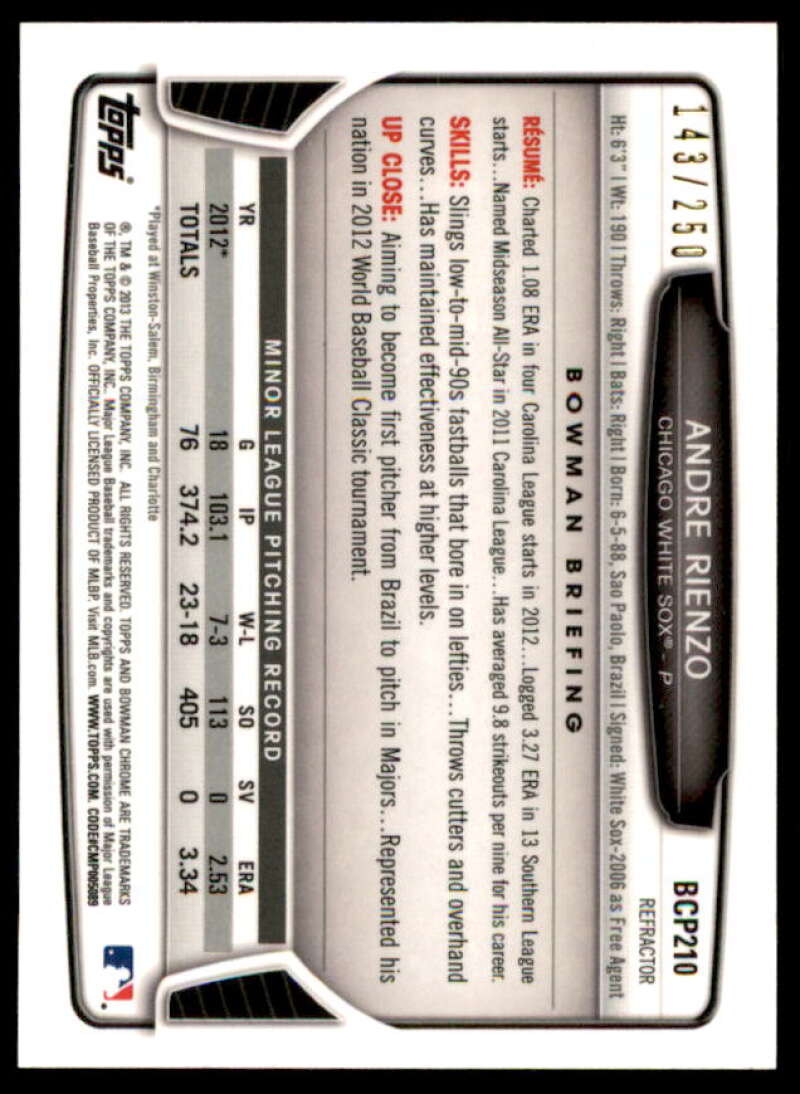 Andre Rienzo Rookie Card 2013 Bowman Chrome Prospects Blue Refractors #BCP210  Image 2