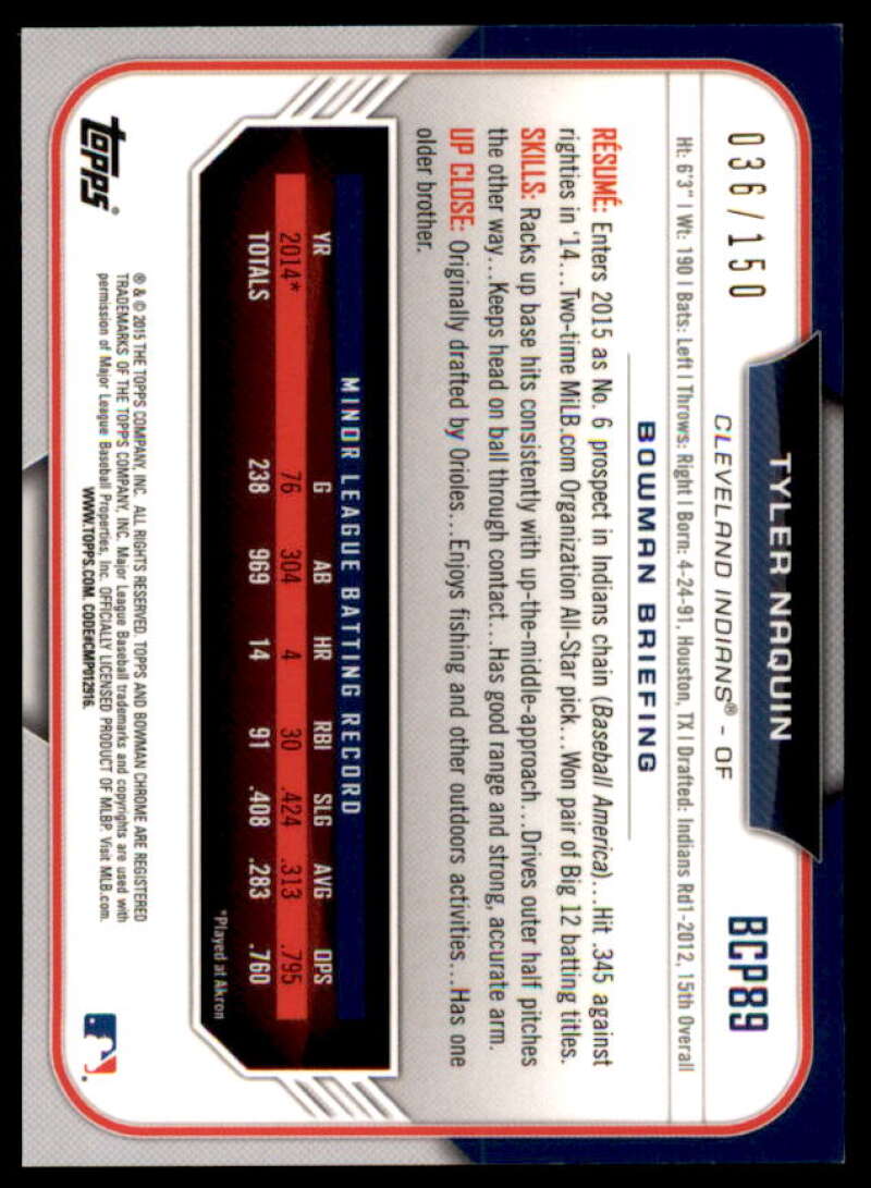 Tyler Naquin Rookie Card 2015 Bowman Chrome Prospects Blue Refractors #BCP89  Image 2