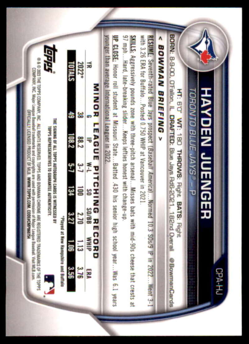 Hayden Juenger Rookie Card 2023 Bowman Chrome Prospect Autographs #CPAHJ  Image 2