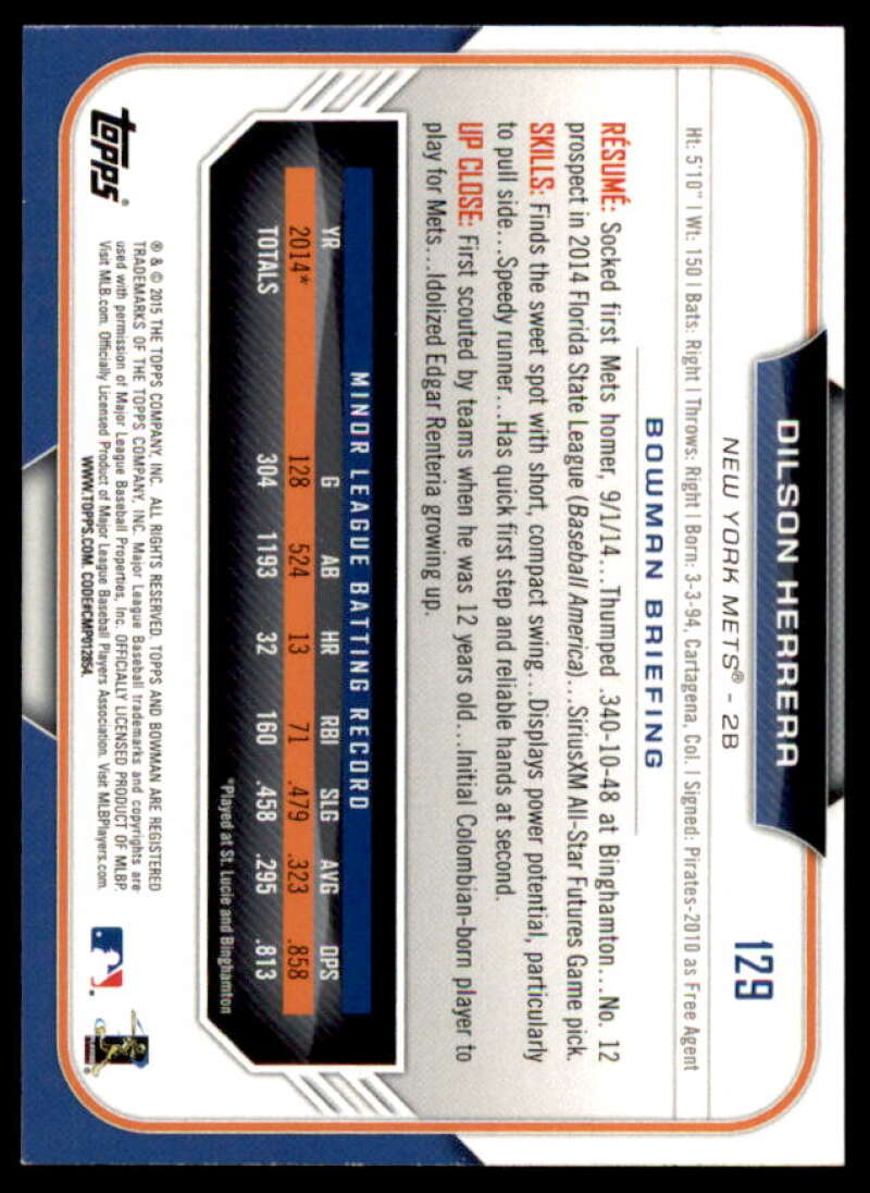 Dilson Herrera Rookie Card 2015 Bowman Silver Ice #129  Image 2