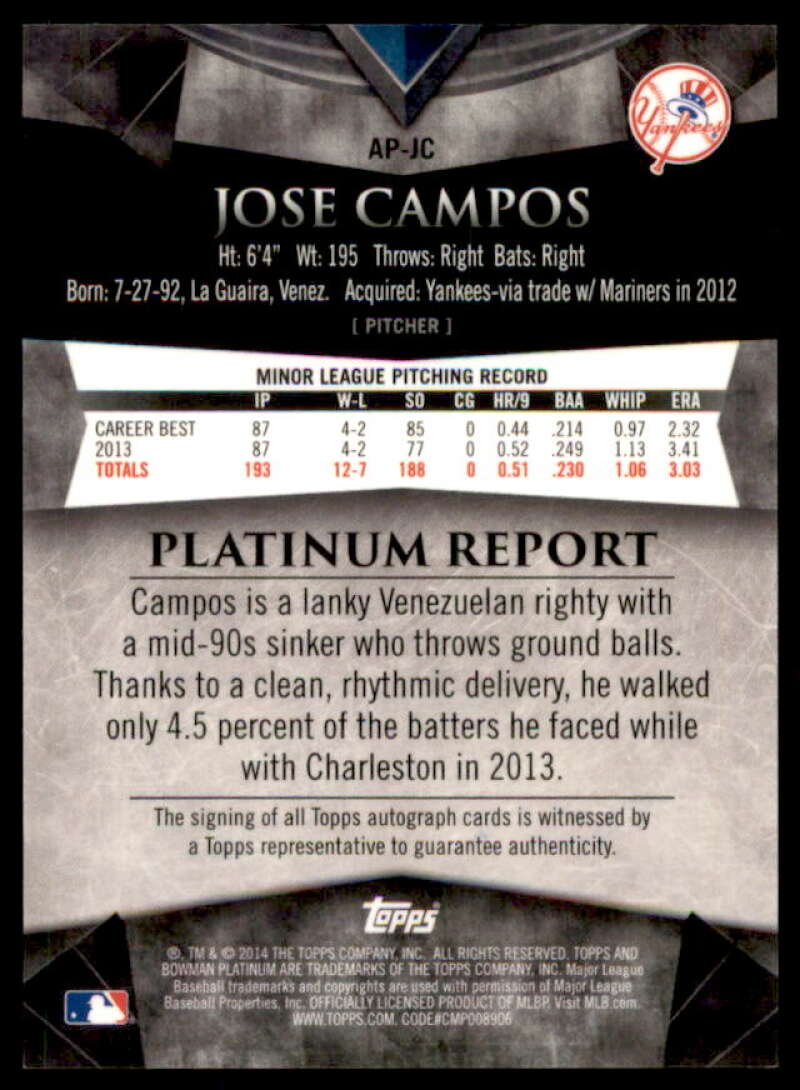 Jose Campos 2014 Bowman Platinum Prospect Autographs Green Refractors #APJC  Image 2