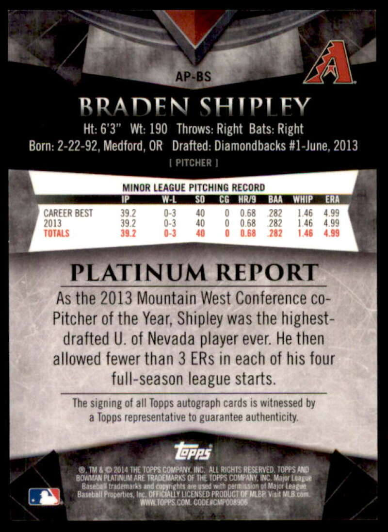 Braden Shipley Rookie Card 2014 Bowman Platinum Prospect Autographs #APBS  Image 2