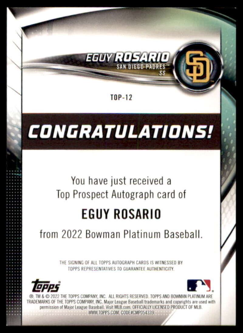 Eguy Rosario Rookie Card 2022 Bowman Platinum Top Prospects Autographs #TOP12  Image 2