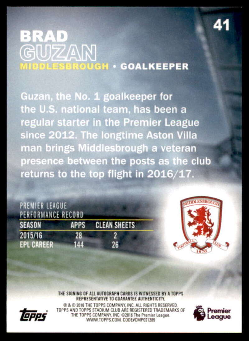 Brad Guzan Card 2016-17 Stadium Club English Premier League Autographs #41  Image 2