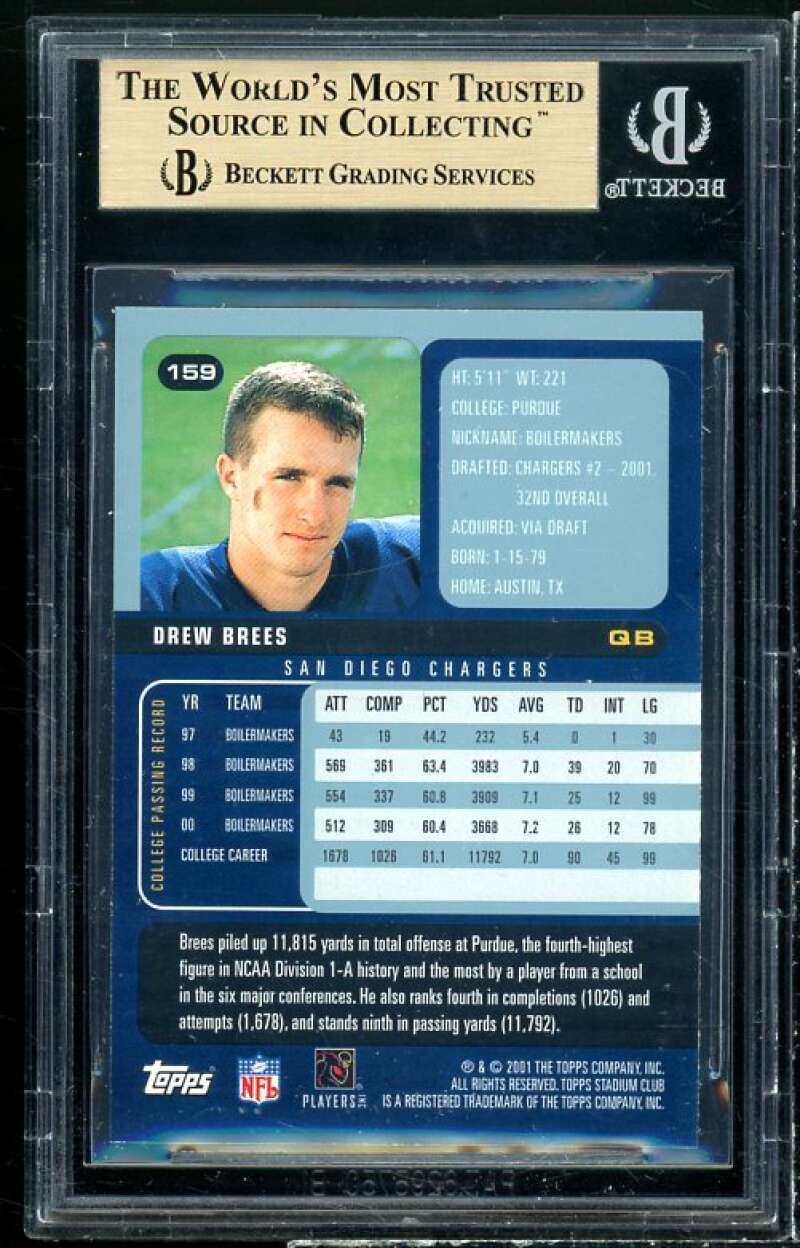 Drew Brees Rookie Card 2001 Stadium Club #159 (pop 2) BGS 9.5 Image 2