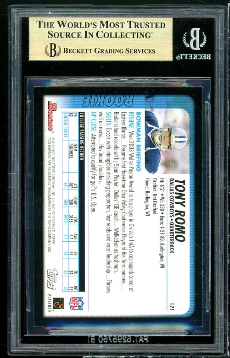 Tony Romo Rookie Card 2003 Bowman #171 (pop 14) BGS 9.5 (9.5 9.5 9 9.5) Image 2