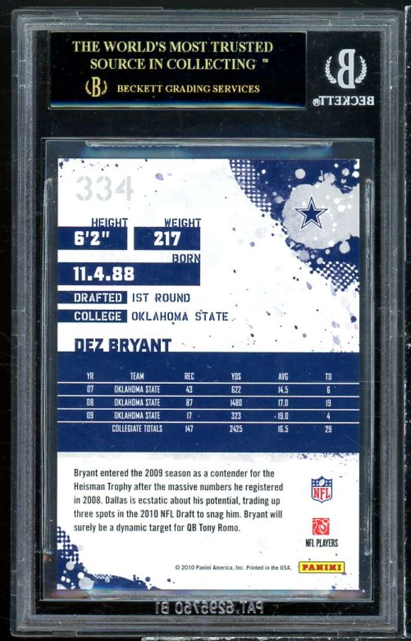 Dez Bryant Rookie Card 2010 Score #334 (PRISTINE BLACK LABEL) BGS 10 Image 2