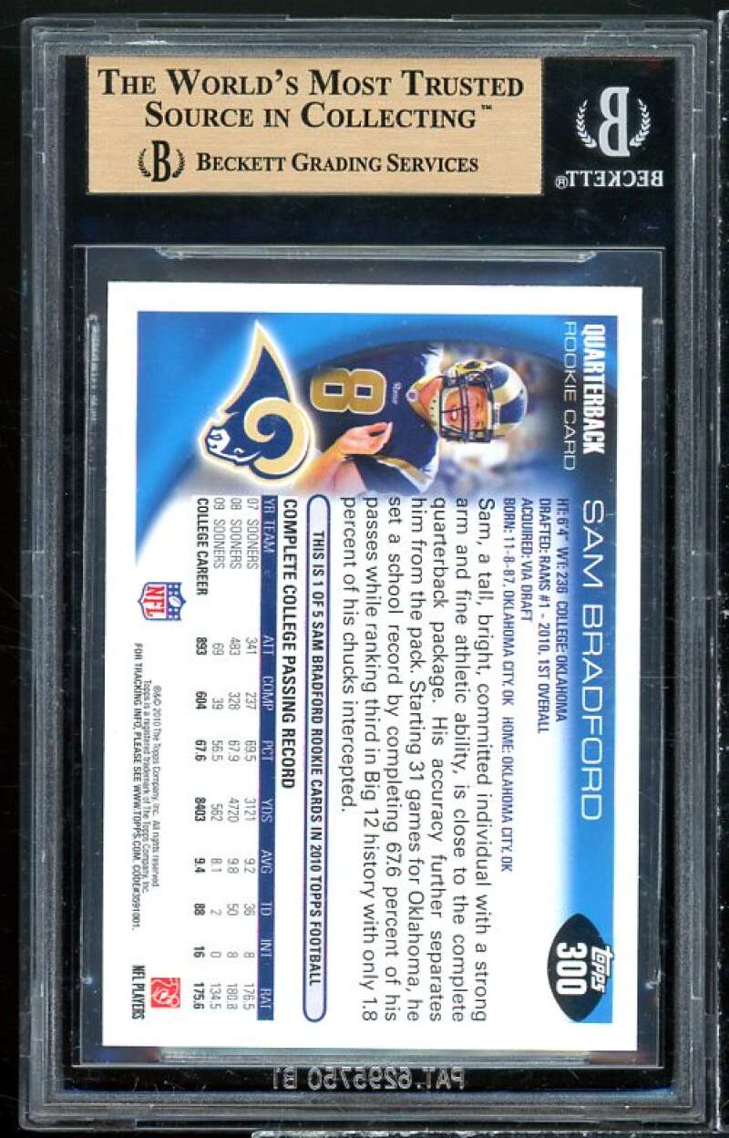 Sam Bradford Rookie Card 2010 Topps #300 (PRISTINE) BGS 10 Image 2