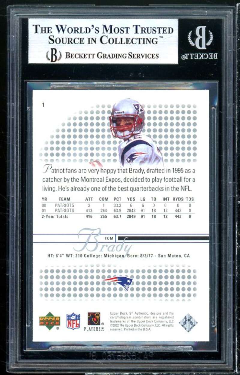 Tom Brady Card 2002 SP Authentic #1 BGS 9 (8.5 9.5 9 9.5) Image 2