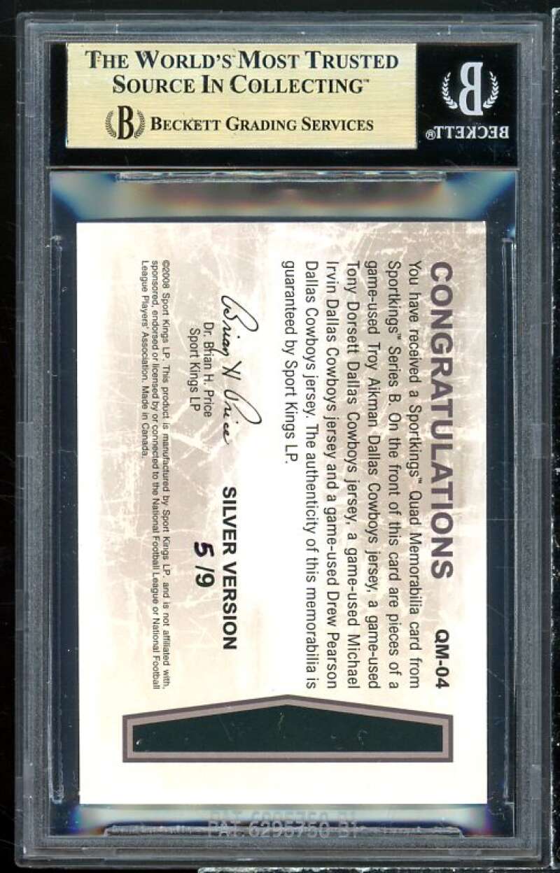 Irvin/Pearson/Dorsett/Aikman 2009 Sportkings Quad Memorabilia Silver #4 BGS 9.5 Image 2