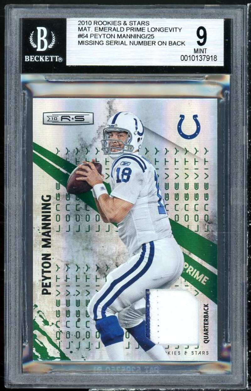 Peyton Manning 2010 Rookies Stars Materials Emerald Prime Longevity #64 BGS 9 Image 1