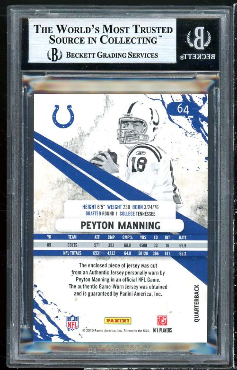 Peyton Manning 2010 Rookies Stars Materials Emerald Prime Longevity #64 BGS 9 Image 2