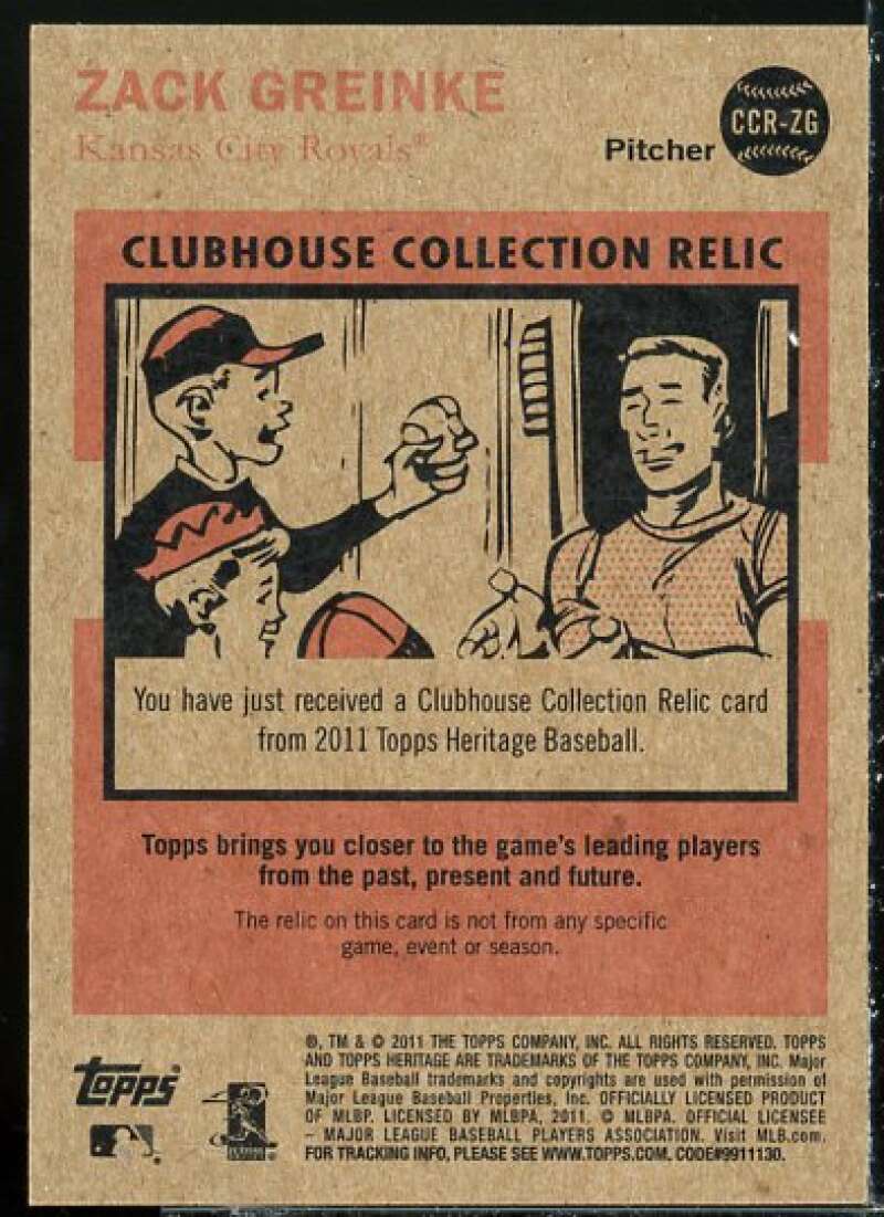 Zack Greinke Card 2011 Topps Heritage Clubhouse Collection Relics #ZG  Image 2