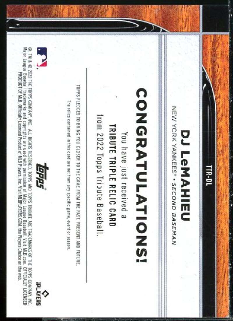 DJ LeMahieu Card 2022 Topps Tribute Triple Relics Purple #TTRDL  Image 2