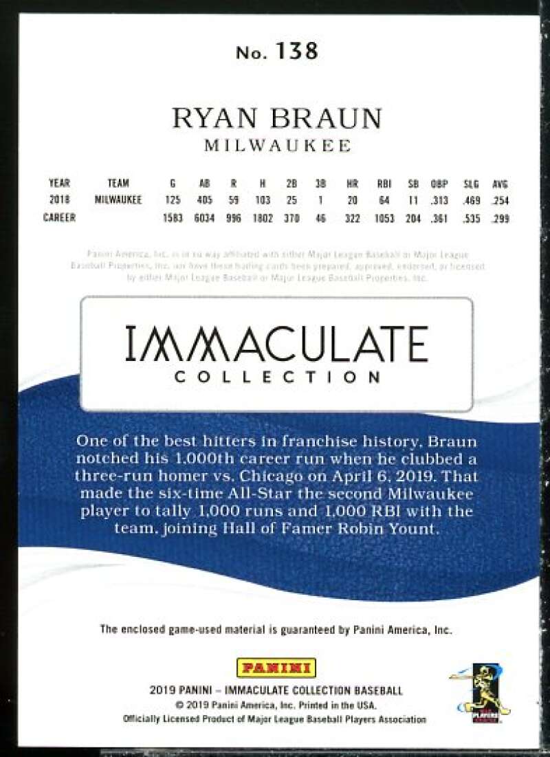 Ryan Braun JSY Card 2019 Immaculate Collection #138  Image 2