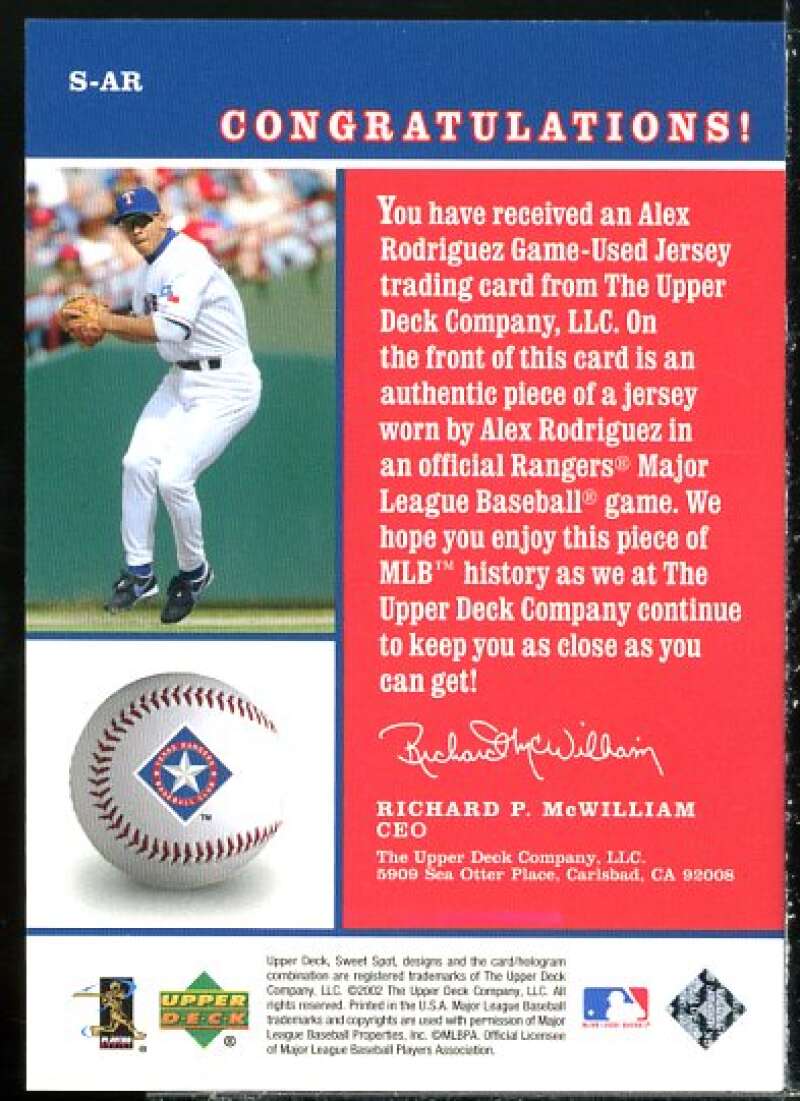 Alex Rodriguez Card 2002 Sweet Spot Swatches #SAR  Image 2