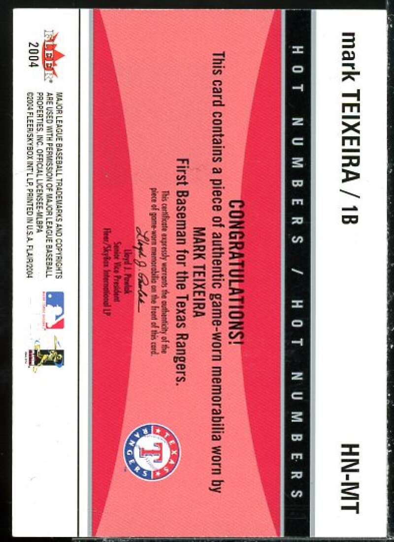 Mark Teixeira Card 2004 Flair Hot Numbers Game Used Green #MT  Image 2