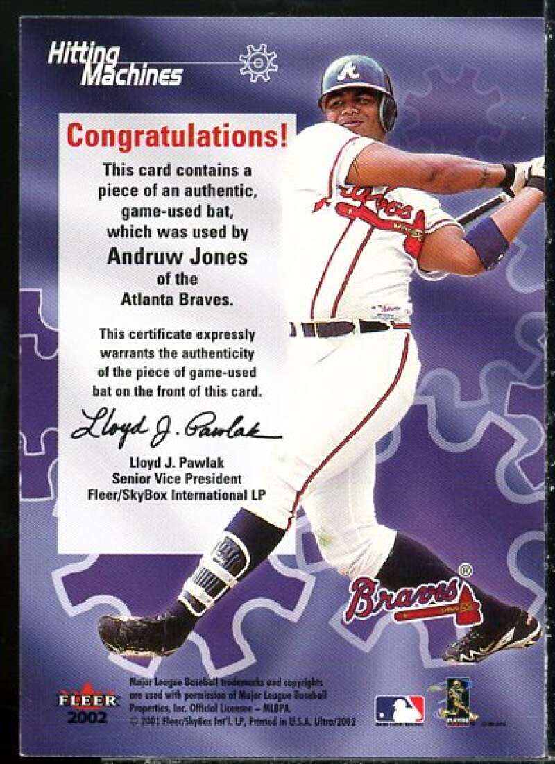 Andruw Jones Card 2002 Ultra Hitting Machines Game Bat #12  Image 2