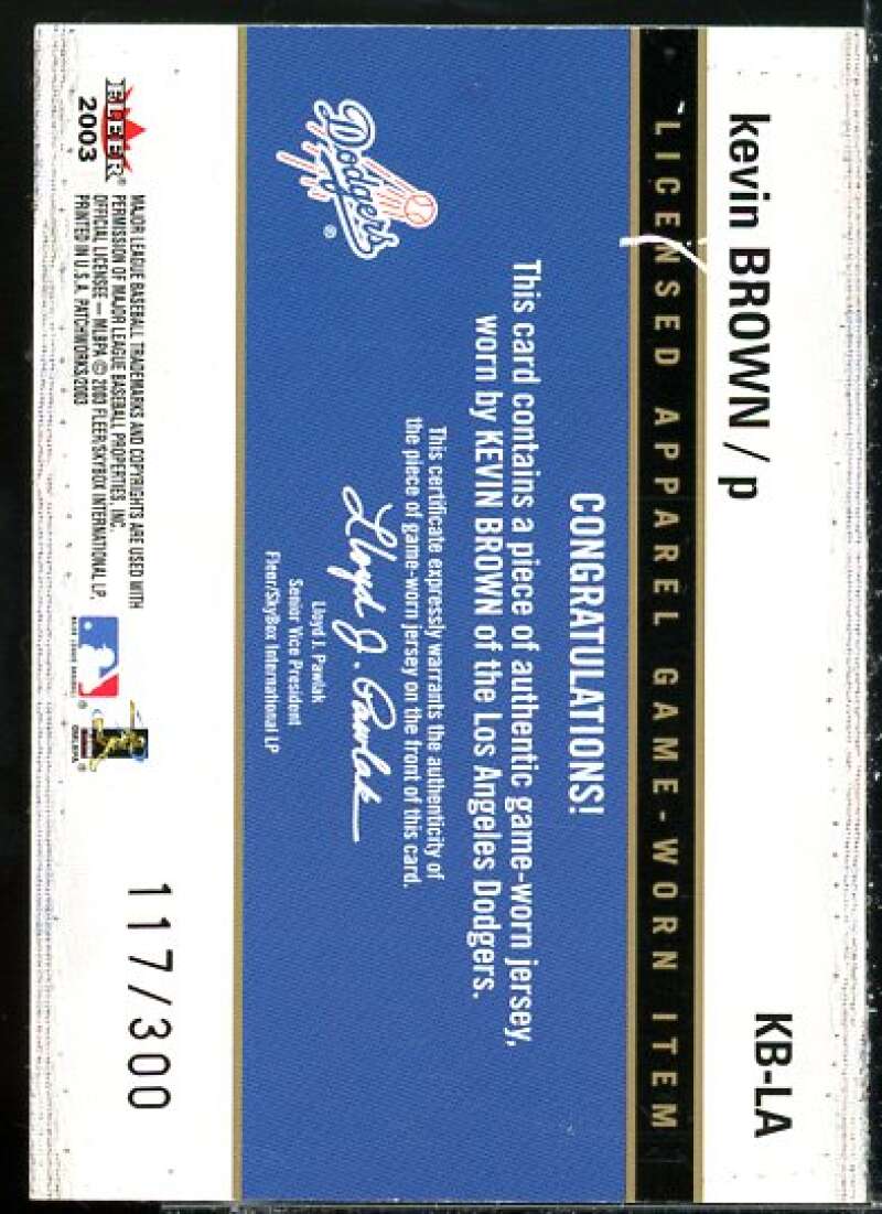 Kevin Brown Card 2003 Fleer Patchworks Licensed Apparel Patch #KB  Image 2