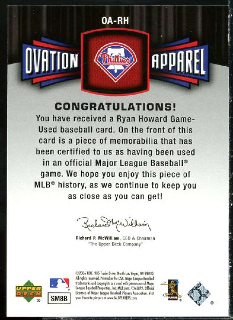 Ryan Howard Jsy Card 2006 Upper Deck Ovation Apparel #RH  Image 2