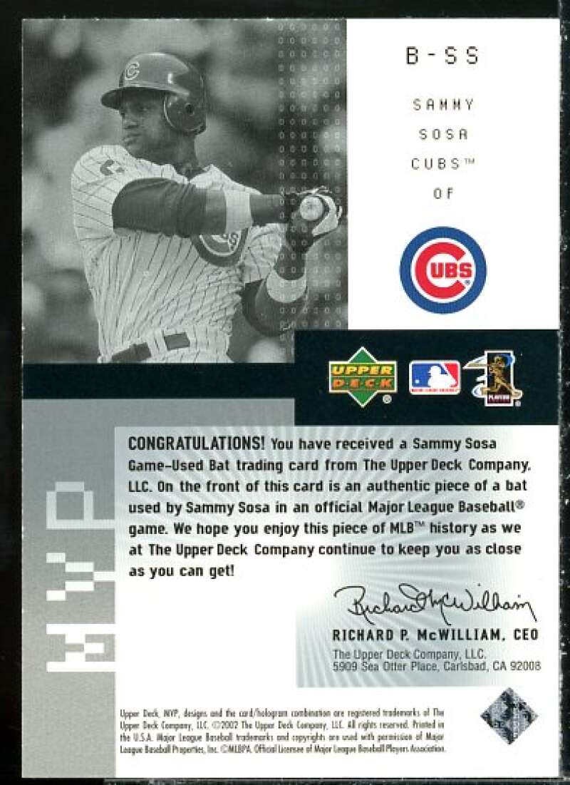 Sammy Sosa Card 2002 Upper Deck MVP Game Souvenirs Bat #BSS  Image 2