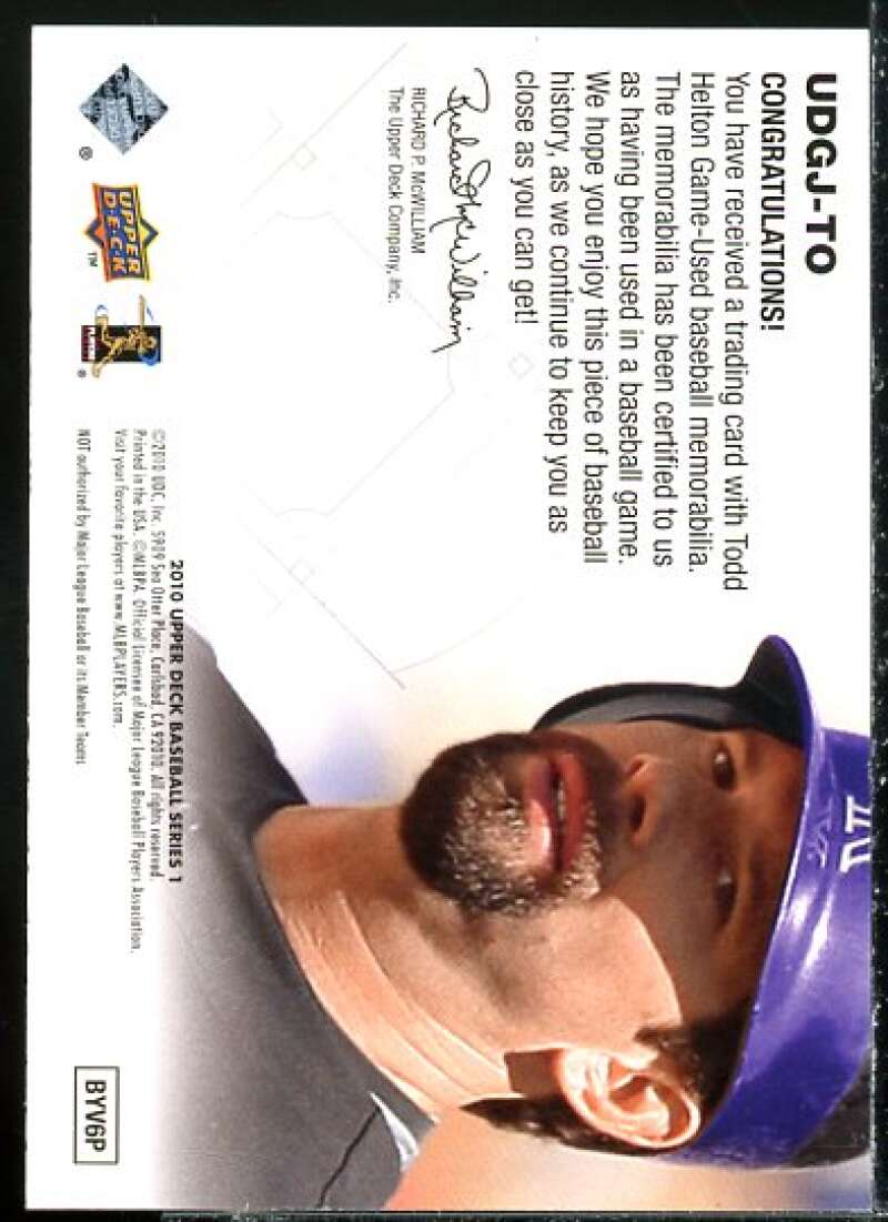 Todd Helton Card 2010 Upper Deck UD Game Jersey #TO  Image 2