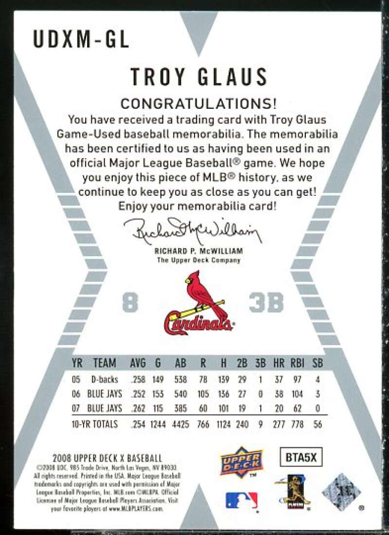 Troy Glaus Card 2008 Upper Deck X Memorabilia #GL  Image 2